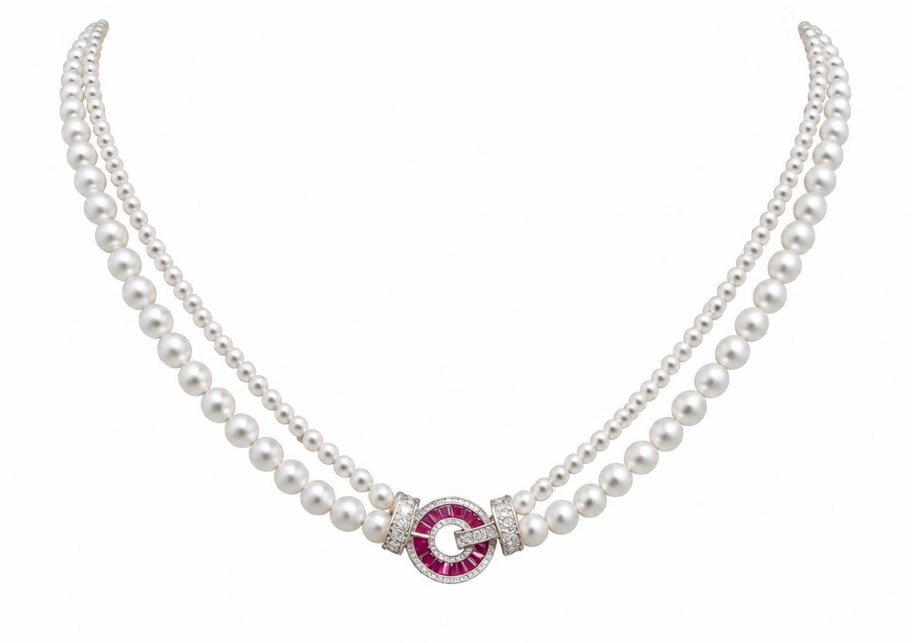 Ruby Art Deco Double-Strand Pearl Necklace