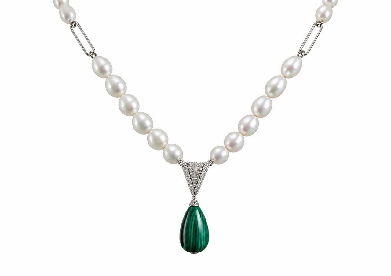 Malachite Briolette Paperclip Pearl Necklace